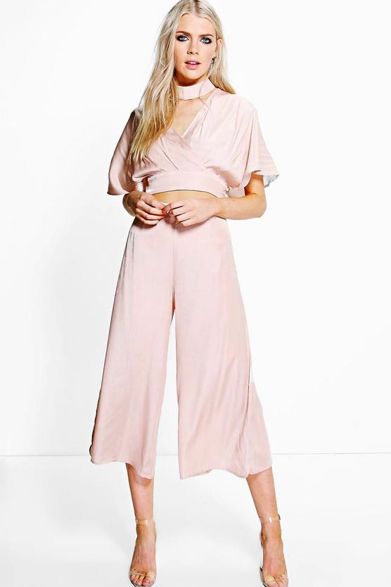 Shannon Satin Wrap Detachable Choker Crop And Culotte Co-Ord